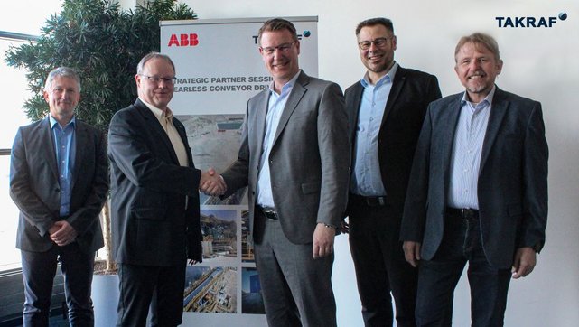 ABB Head of Sales Mining Germany, Frank Kschamer and Thomas Jabs, TAKRAF Group CEO, together with Ulf Richter (ABB Product Manager Mining Conveyor Systems), Frank Enderstein (TAKRAF Group Head of Sales & Marketing) and Daniel Greune (TAKRAF Group Vice President Systems) entrenching both partners’ commitment to the strategic partnership at the recent celebratory event held in Leipzig, Germany.