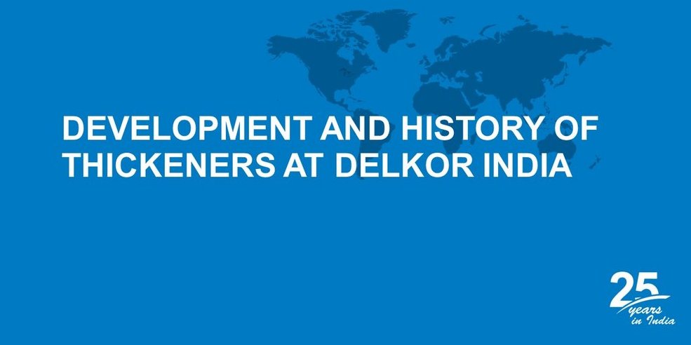 Blue world map, text in front: Development and History of Thickeners at DELKOR India