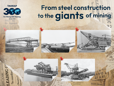 Five TAKRAF machines, such as a conveyor bridge and the first TAKRAF Bucket-Wheel Excavator from the 20th century, can be seen on a historical background.