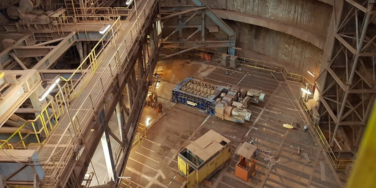 View of TAKRAF Sizer moved into its maintenance position from beneath the unloading station at the CBG bauxite expansion project in Guinea