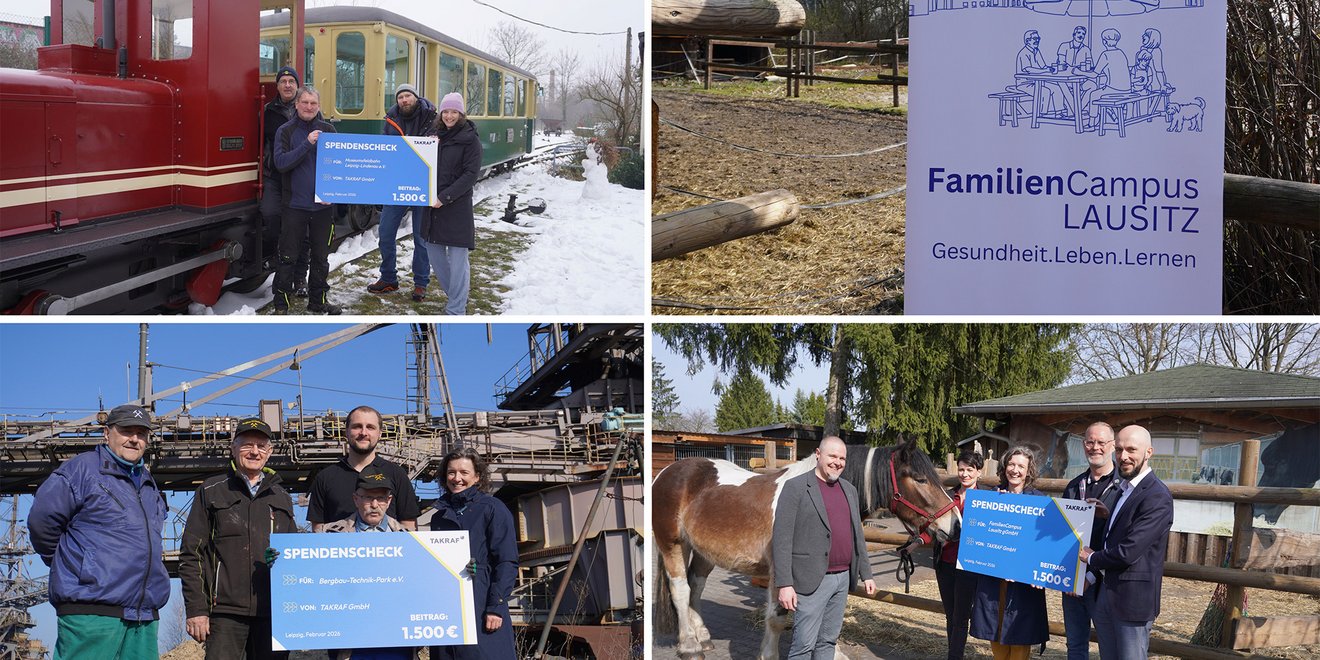 Composition of four photos showing the donation check handovers to three nonprofit organizations.
