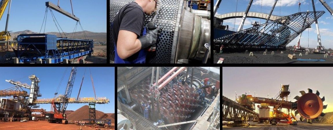 A collage of various pictures depicting TAKRAF Group’s global service & maintenance capabilities.