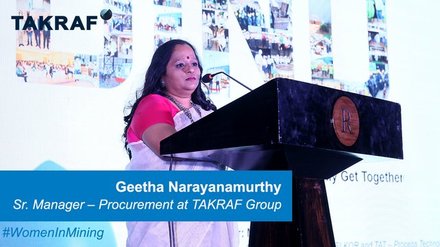Geetha Narayanamurthy, Senior Manager – Procurement at DELKOR, a TAKRAF Group brand, at a speaking engagement. 