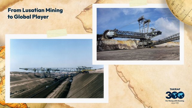 Two giants of mining machinery: on the left, a 500-meter-long conveyor bridge called F60 in open-pit mining; on the right, a gigantic bucket-wheel excavator, SRs 6300.