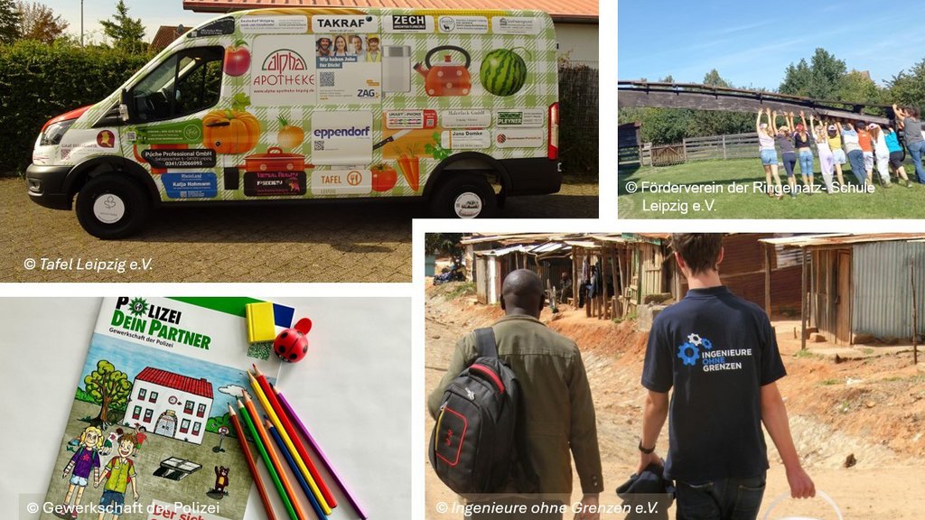 The picture shows an image assembly of sponsored projects by TAKRAF (Leipziger Tafel: refrigerated food truck, some childeren´s projects, Ingenieure ohne Grenzen (engineers without boarders).
