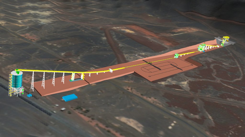 The F'Derick project from TAKRAF in Mauritania. You can see from right to left, the primary and secondary crushing stations, leading to the transfer tower and train loading station via a network of conveyor installations. 