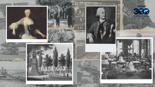 A historical photo of Baroness von Löwendal (top left) and the former ironworks in Lauchhammer