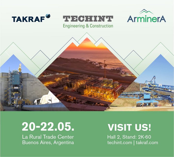 The picture is an invitation for an event (Arminera) in Argentina. It takes place from 20-22 May 2025 in Buenos Aires. I is a picture montage that shows TAKRAF products (crushing station and spreader) as well as an industry plant from the Techint E&C company.
