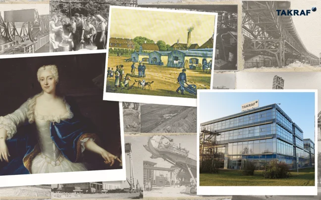 Collage of Freifrau von Löwendal, surrounded by historical photos and the current headquarters building