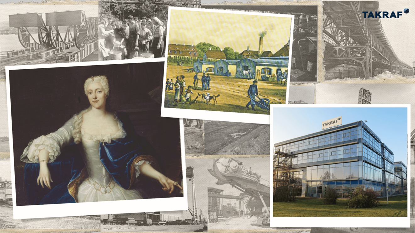 Collage of Freifrau von Löwendal, surrounded by historical photos and the current headquarters building