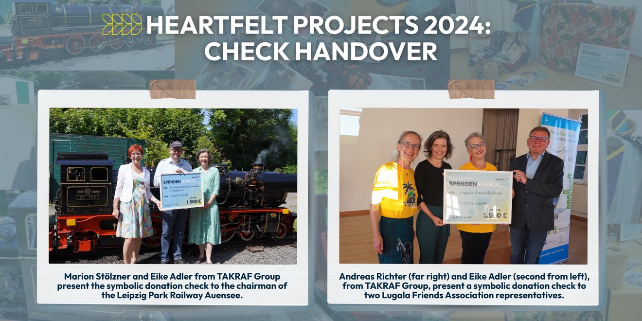 two photos showing the personal check handovers at Leipziger Parkeisenbahn and Lugala Freundeskreis