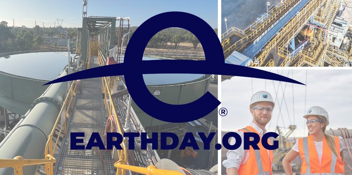 Collage showing TAKRAF conveyor system and DELKOR thickener with two engineers in safety gear; overlaid text reads ‘earthday.org’