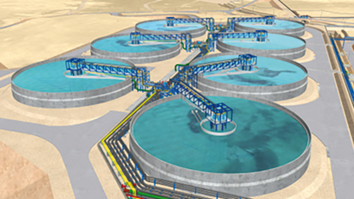 A 3D graphic showing seven DELKOR Thickeners for water manangement.