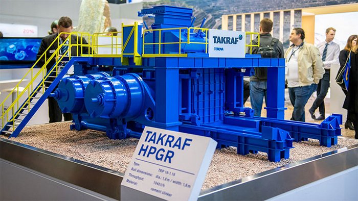 A scale model of a High-Pressure Grinding Roll (HPGR) on display at our booth. A scale model of a High-Pressure Grinding Roll (HPGR)