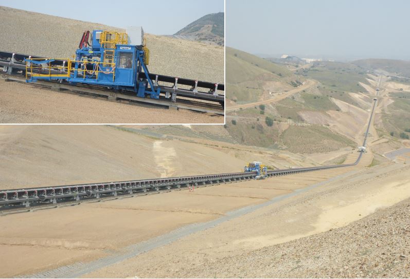The picture shows a TAKRAF maintenance car in operation on the steep 26% incline as part of a 4,350 m overland conveyor at an important copper mine in North America.
