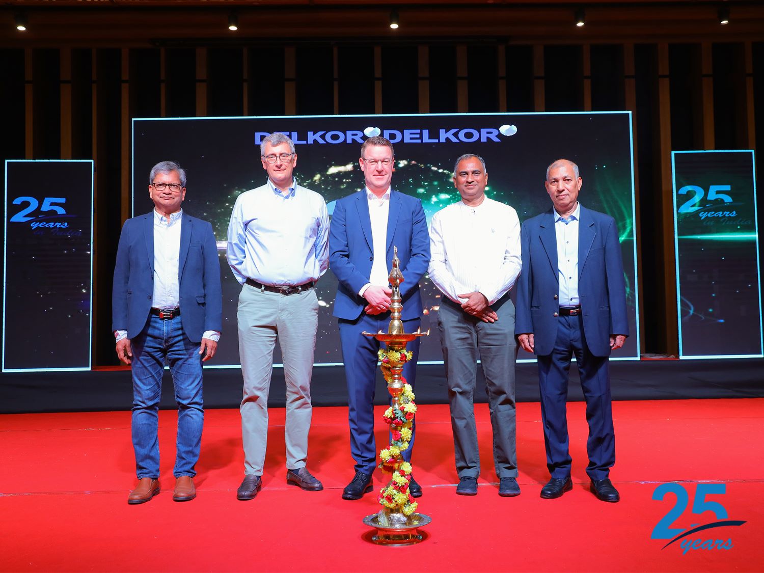 The picture shows Mr. Gopal Kalyanakrishna, Managing Director, TAKRAF India, Mr. Massimo Valsecchi (TAKRAF Group CFO), Mr. Thomas Jabs (TAKRAF Group CEO), Rajagopalan Ramanathan (Managing Director and CFO TAKRAF India) and Indu Bhushan Jha Managing Director DELKOR India).