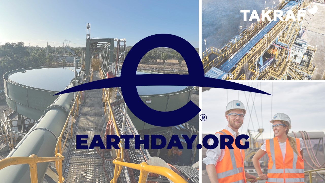 Collage showing TAKRAF conveyor system and DELKOR thickener with two engineers in safety gear; overlaid text reads ‘earthday.org’
